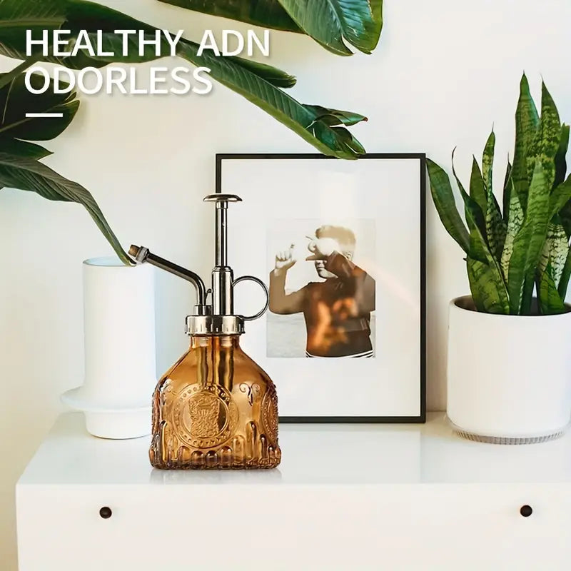 BowLift | Embossed glass bottle with metal nozzle – Plant sprayer for flower watering in vintage design