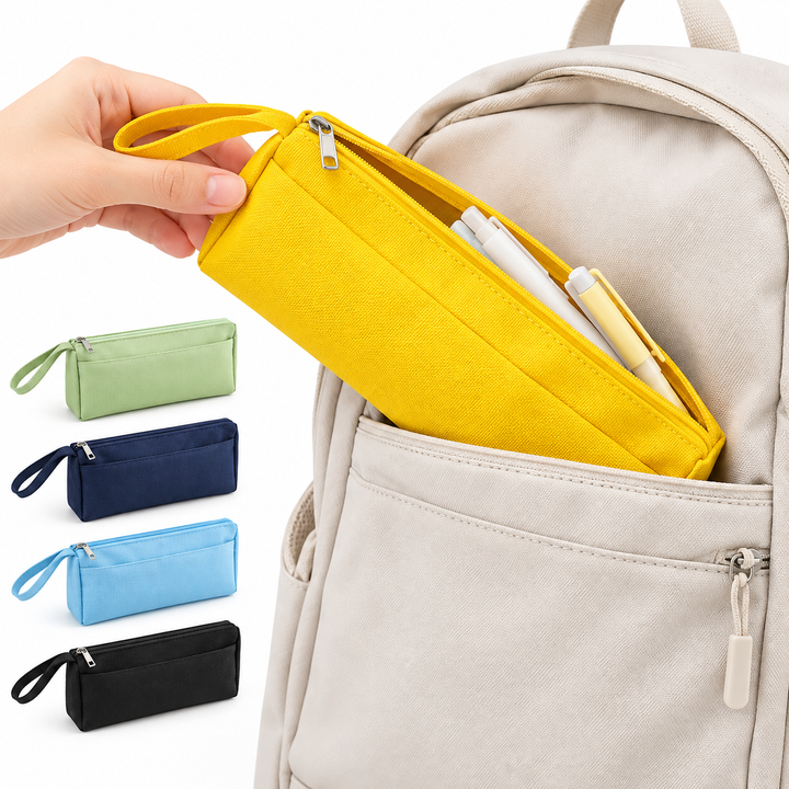 Canvas Zip Pencil Case with External Slip Pocket and Wrist Strap Bowlift