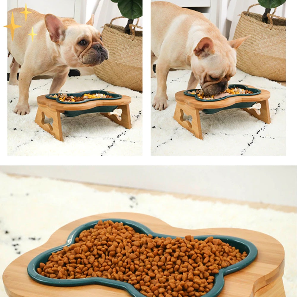 Ceramic Dog Food Bowl with Wooden Stand - BoneFeast Bowlift