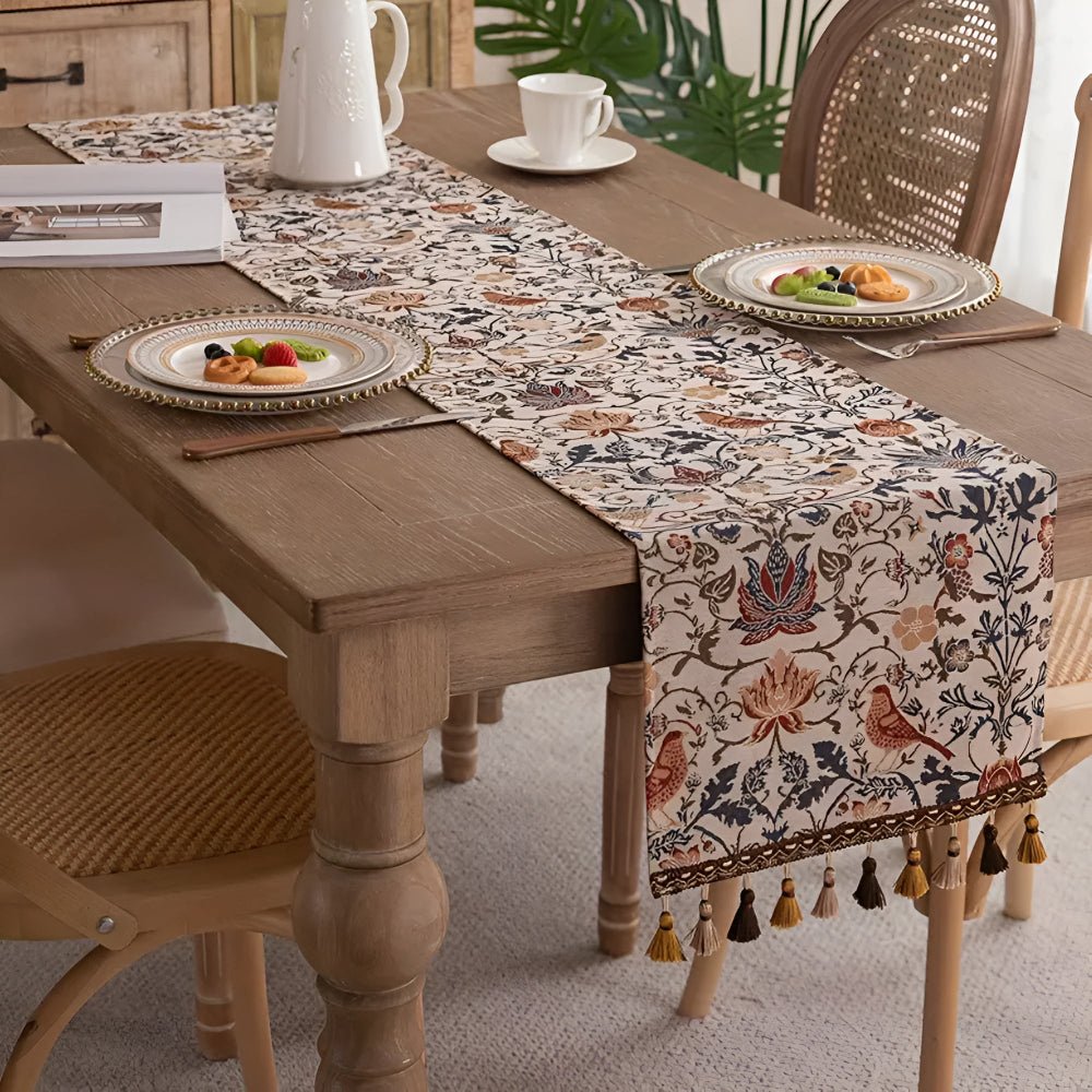 BowLift | EVERBLOOM LINENS – Elegant Table Runner with Floral & Bird Jacquard Design