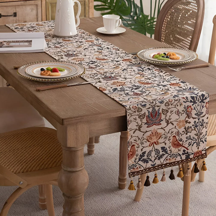 BowLift | EVERBLOOM LINENS – Elegant Table Runner with Floral & Bird Jacquard Design