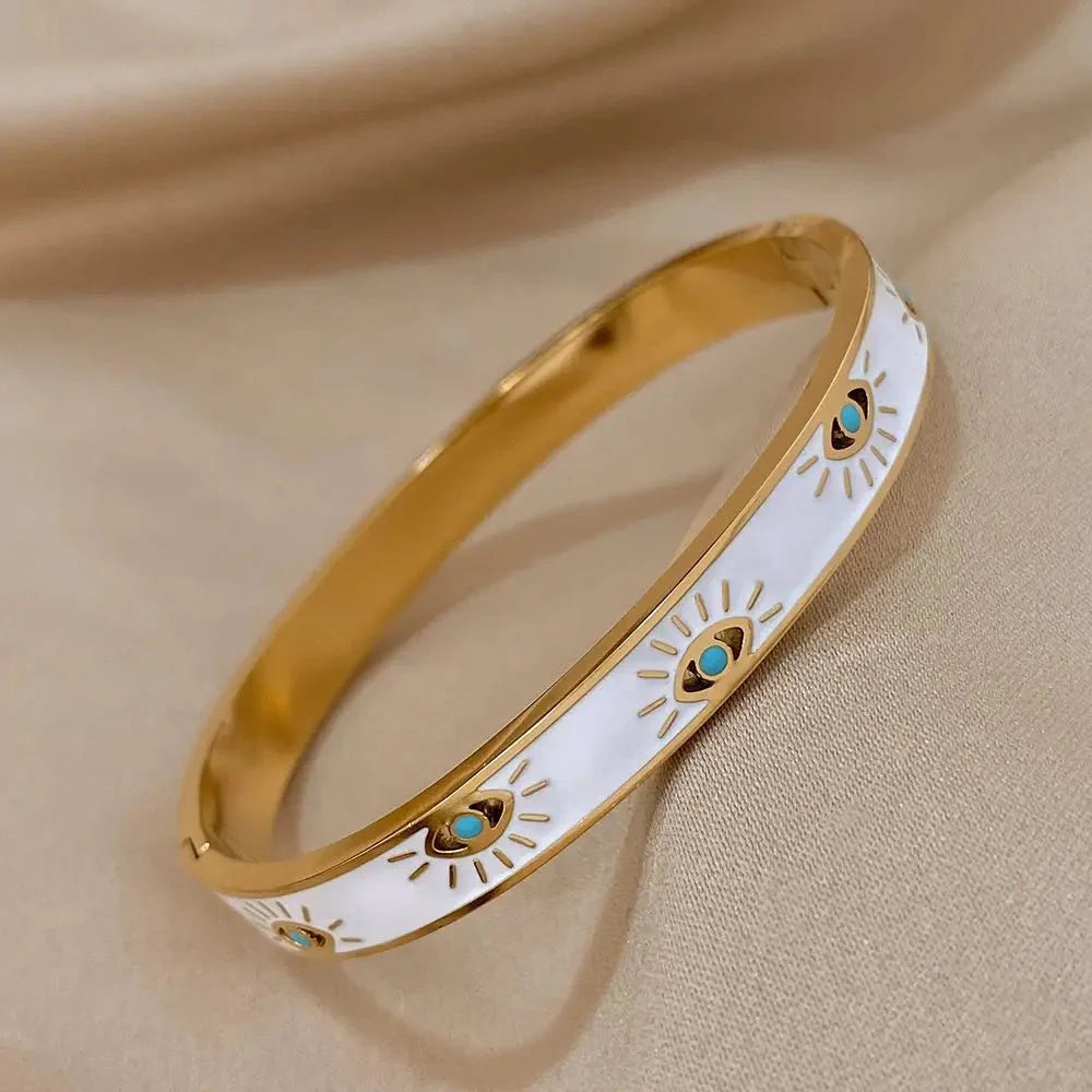 BowLift | Classy Evil Eye White Enamel Bangle Bracelet