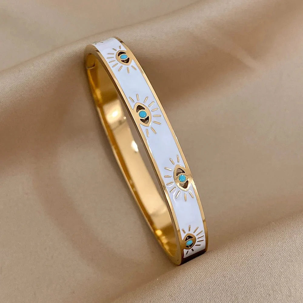 BowLift | Classy Evil Eye White Enamel Bangle Bracelet