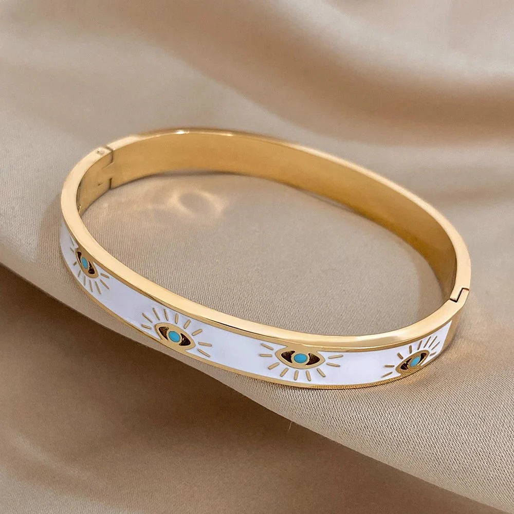 BowLift | Classy Evil Eye White Enamel Bangle Bracelet
