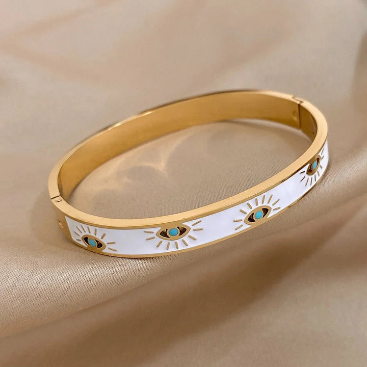 BowLift | Classy Evil Eye White Enamel Bangle Bracelet