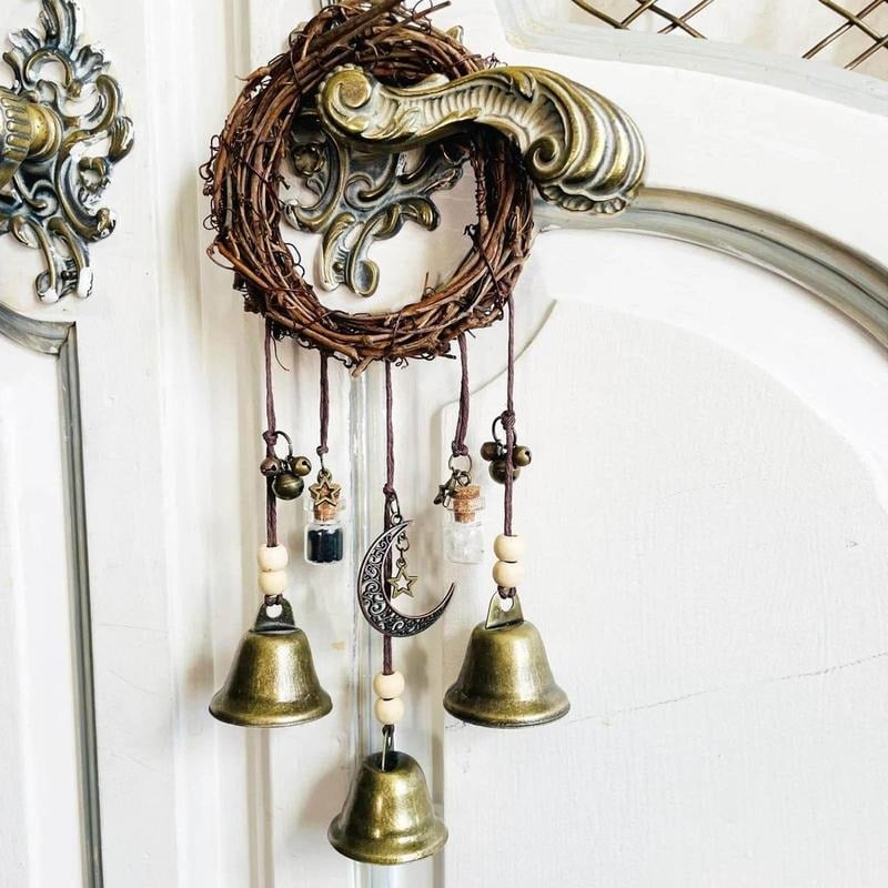 BowLift | Witch Bell Hanging Decor | Boho Rustic Design | Rattan & Metal | 11.8 in