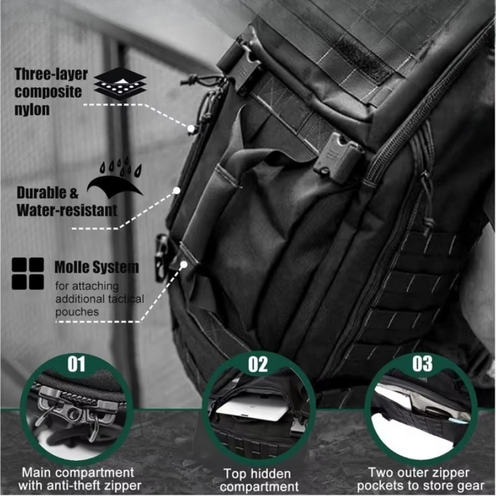 BowLift | Large Capacity 1521oz Waterproof Tactical Backpack for Outdoor Travel and Adventure