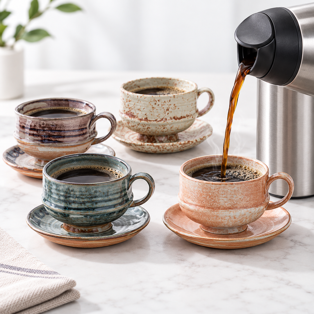 Handcrafted Glazed Footed Ceramic Teacup & Saucer Set Bowlift