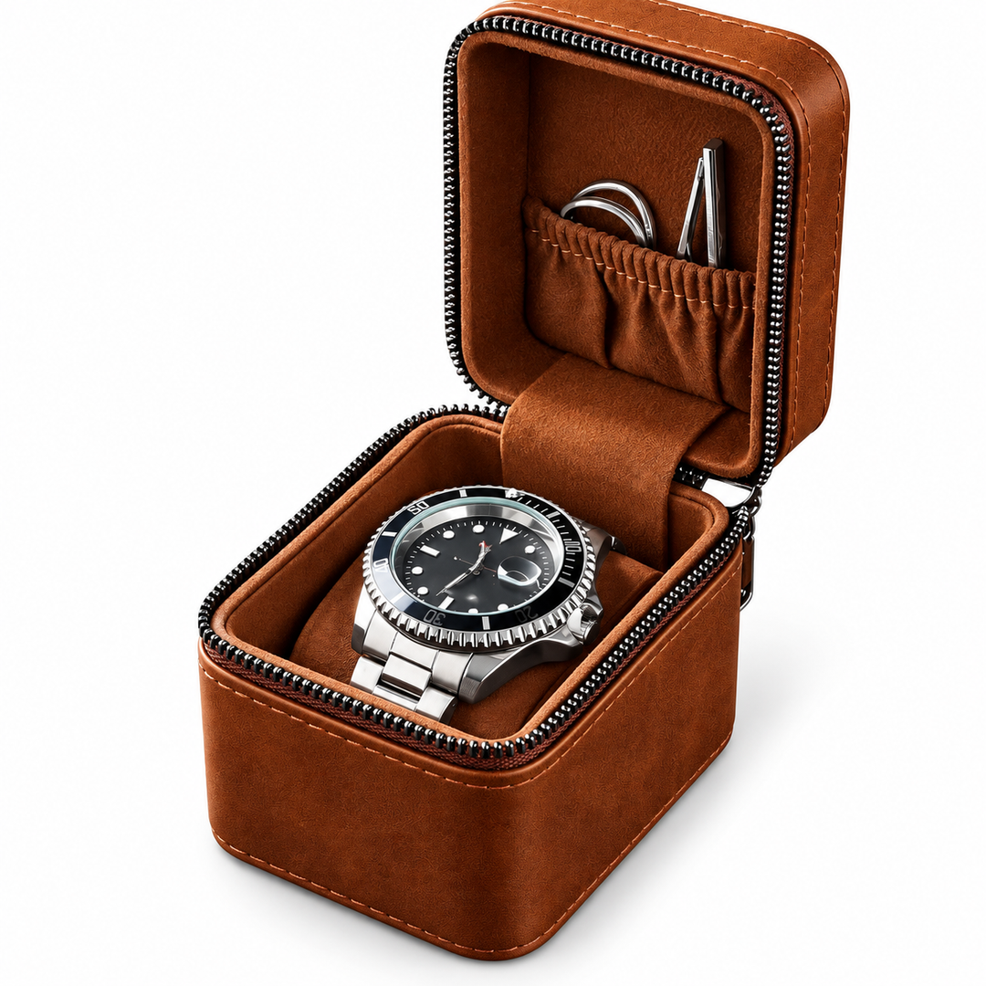 Leatherette Travel Watch Case with Suede-Lined Interior and Tool Pouch Bowlift