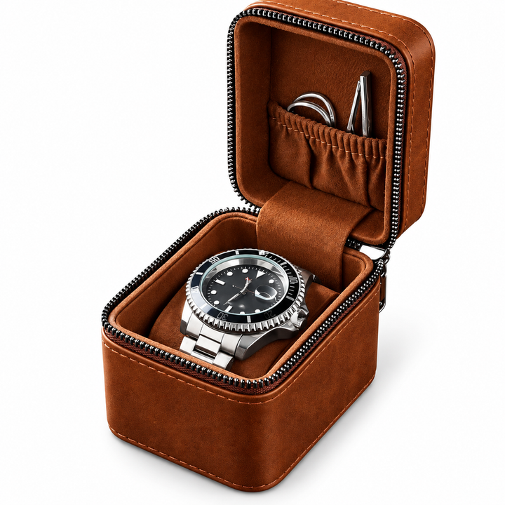 Leatherette Travel Watch Case with Suede-Lined Interior and Tool Pouch Bowlift