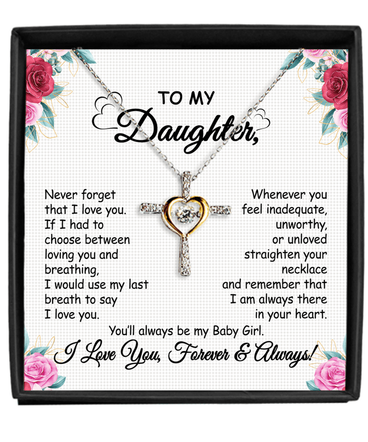 BowLift | Daughter Necklace Gift | Cross Pendant with Cubic Zirconia | Silver-Plated | 16–18" Chain