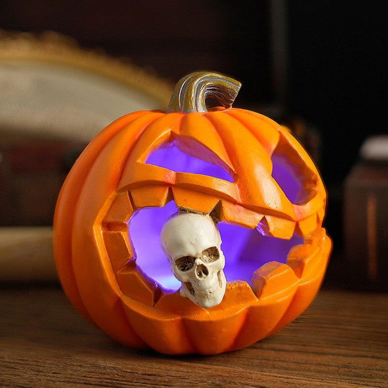 Resin Jack O Lantern Decoration with Carved Skull Detail