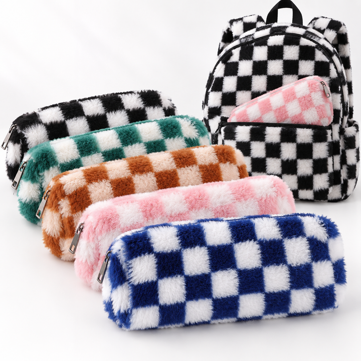 Faux Fur Checkered Zipper Makeup Organizer Pouch Bowlift