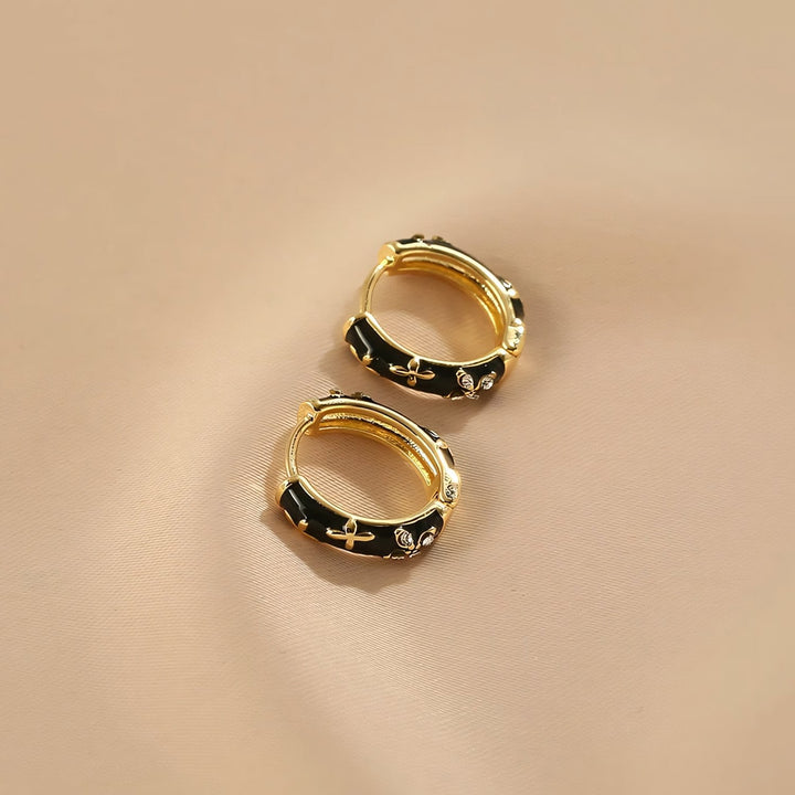 BowLift | Dainty Black and Gold Floral Hoop Earrings