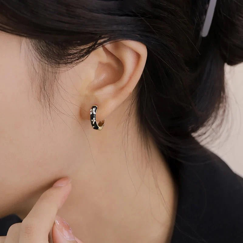 BowLift | Dainty Black and Gold Floral Hoop Earrings