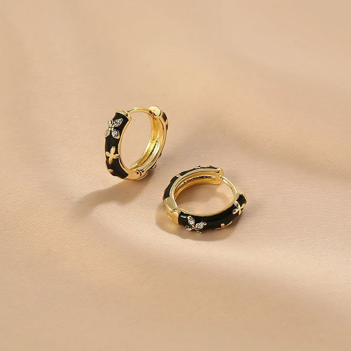 BowLift | Dainty Black and Gold Floral Hoop Earrings