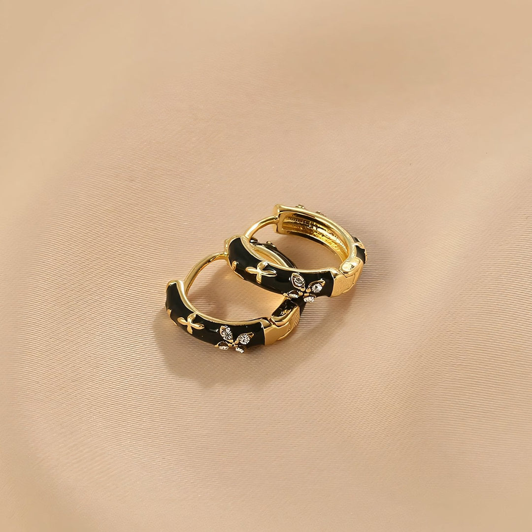BowLift | Dainty Black and Gold Floral Hoop Earrings