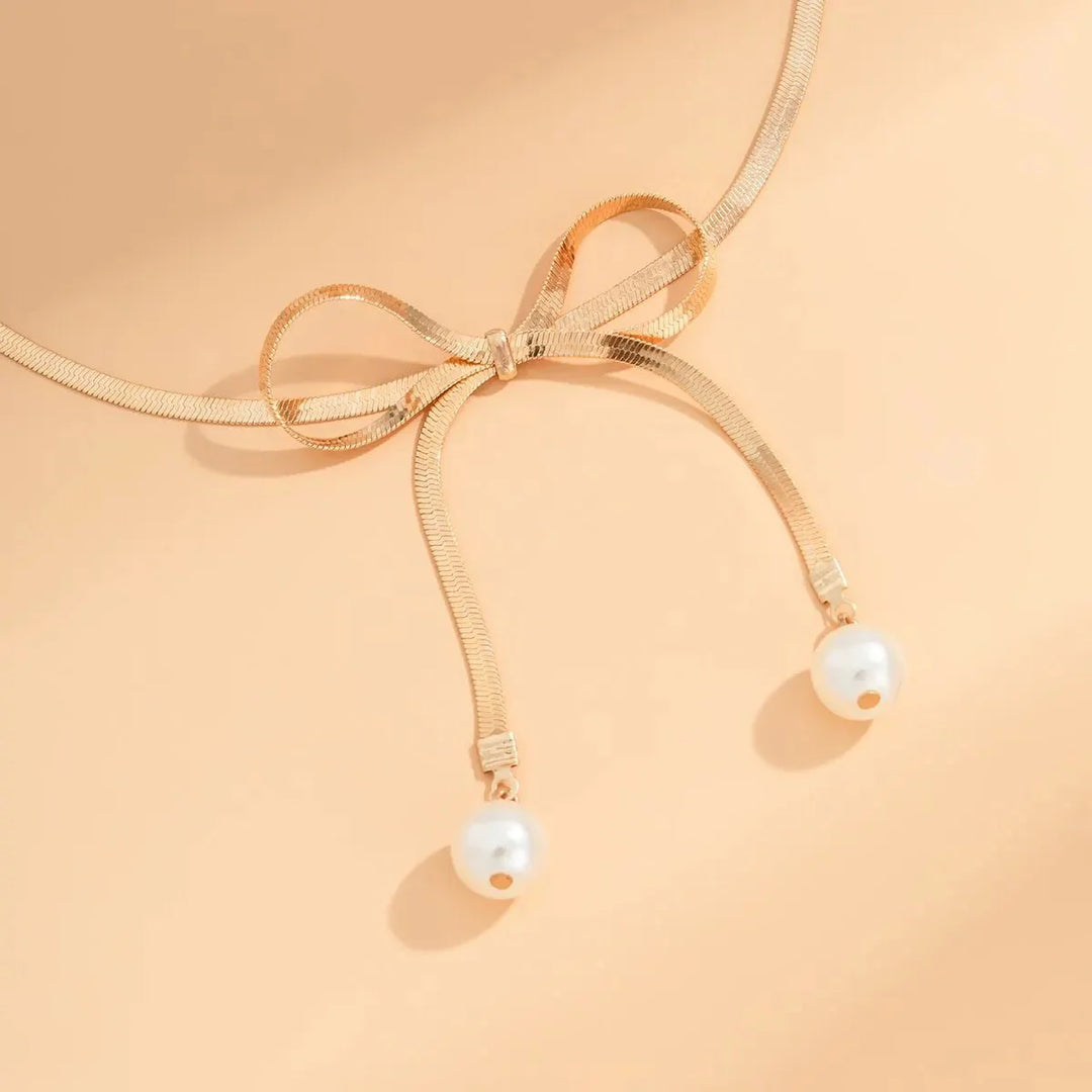 BowLift | Dainty Herringbone Pearl Bow Necklace