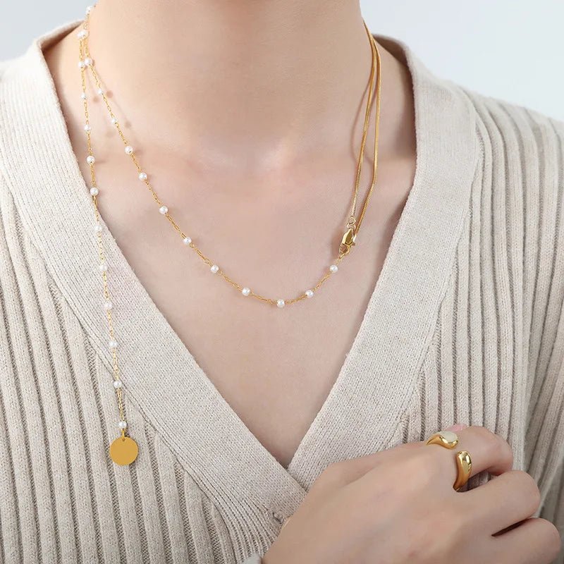 BowLift | Dainty Layered Pearl Accented Herringbone Necklace