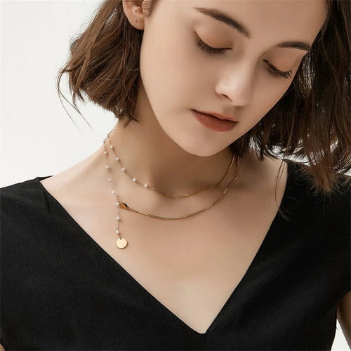 BowLift | Dainty Layered Pearl Accented Herringbone Necklace