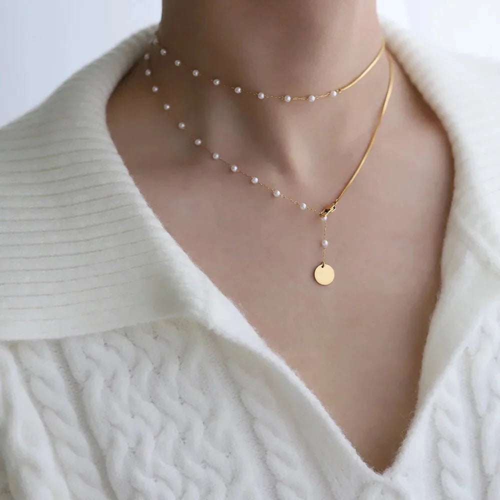 BowLift | Dainty Layered Pearl Accented Herringbone Necklace