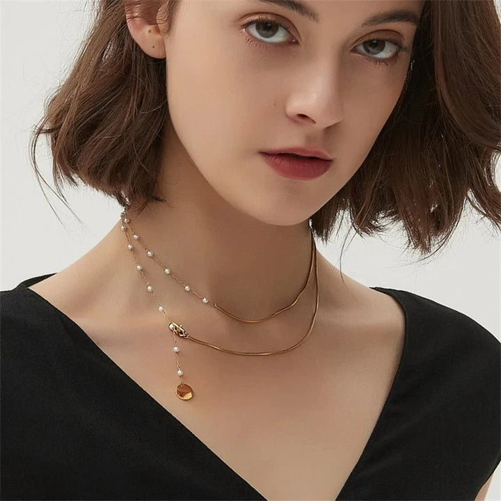 BowLift | Dainty Layered Pearl Accented Herringbone Necklace