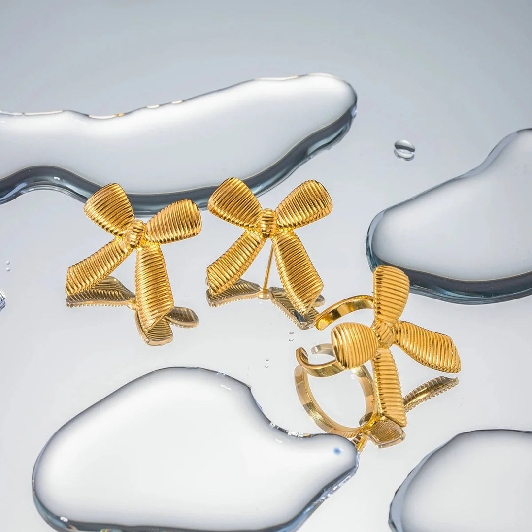 BowLift | Dainty Striped Bow Elegant Ring and Earrings