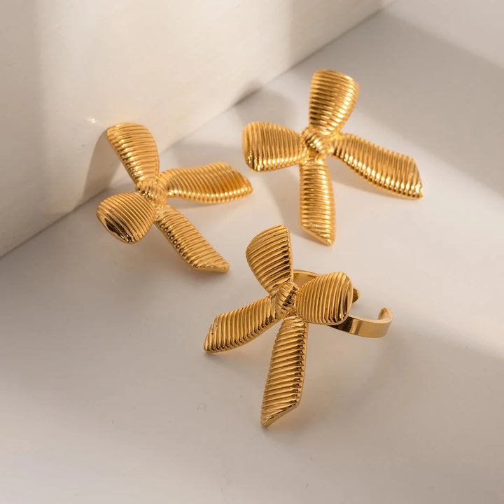 BowLift | Dainty Striped Bow Elegant Ring and Earrings