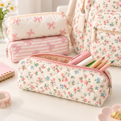 Quilted Bow-Print Cosmetic Pencil Case Bowlift
