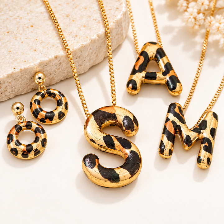 Custom Initial Pendant Necklace with Gold Chain and Leopard Resin Letter Charm Bowlift