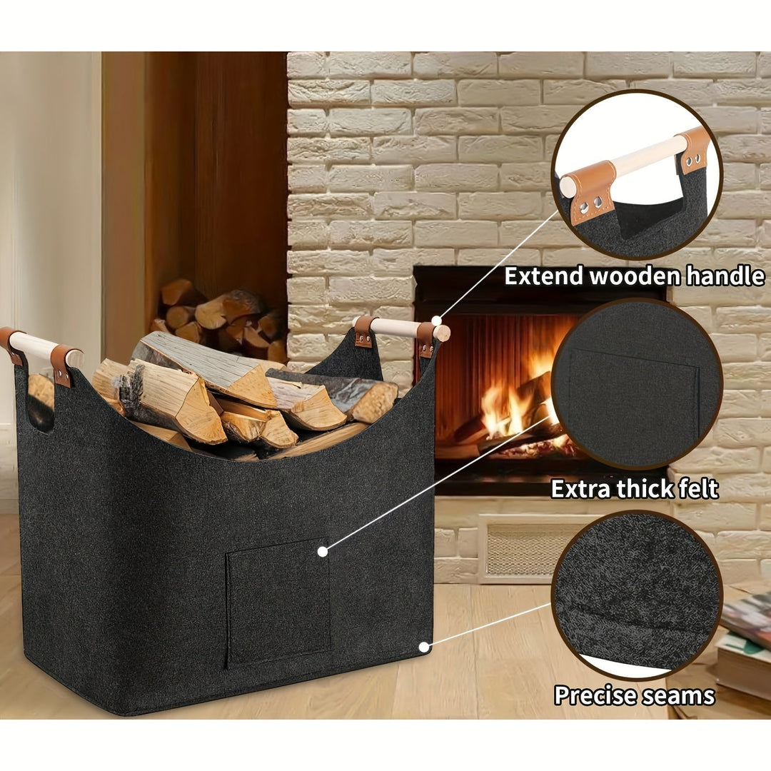 BowLift | Feldura Foldable Felt Wood Holder 55 liters with Wooden Handles and Leather Accents, Dark Gray