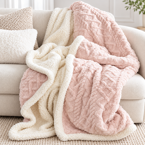 Oversized Plush Sherpa Throw Blanket with Cable-Knit Texture Bowlift