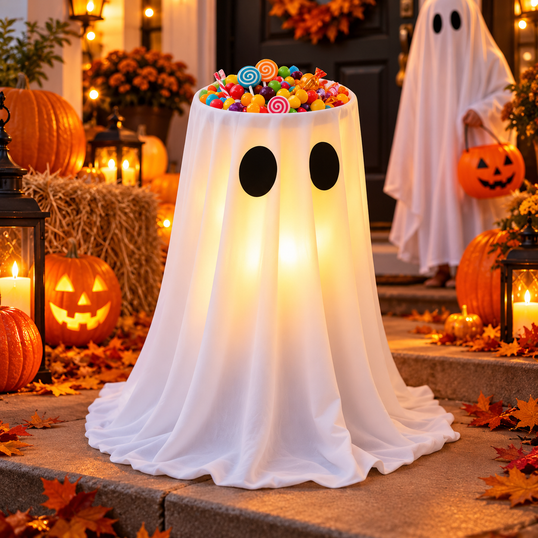 Illuminated Ghost Candy Bowl with Draped Fabric and LED Accent Bowlift