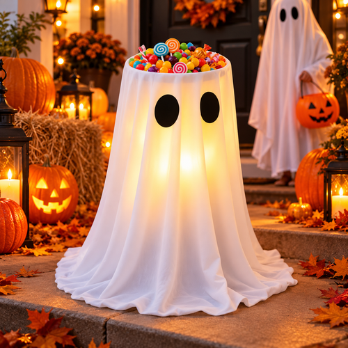 Illuminated Ghost Candy Bowl with Draped Fabric and LED Accent Bowlift