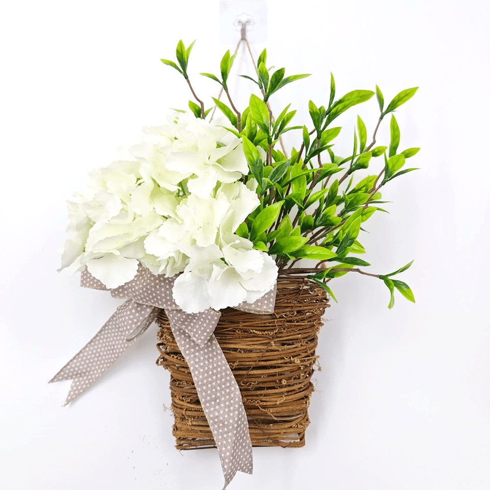 BowLift | Hydrangea Rattan Basket – Cream Colored Flower Door Decoration for Hanging