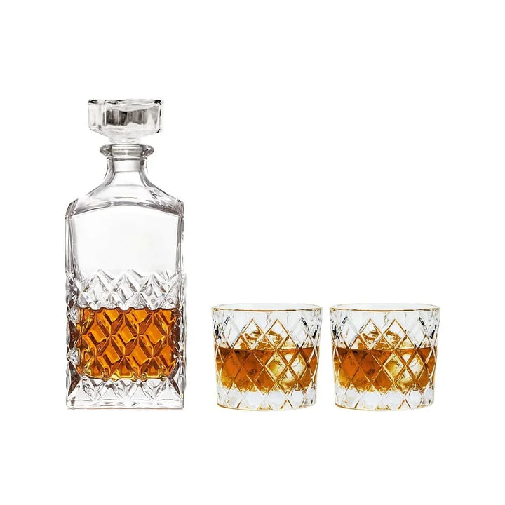 Diamond Cut Clear Glass Decanter and DOF Set Durable Dishwasher Safe | Bowlift