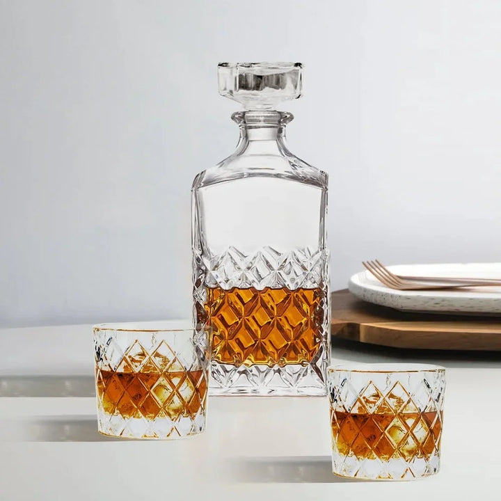 Diamond Cut Clear Glass Decanter and DOF Set Durable Dishwasher Safe | Bowlift