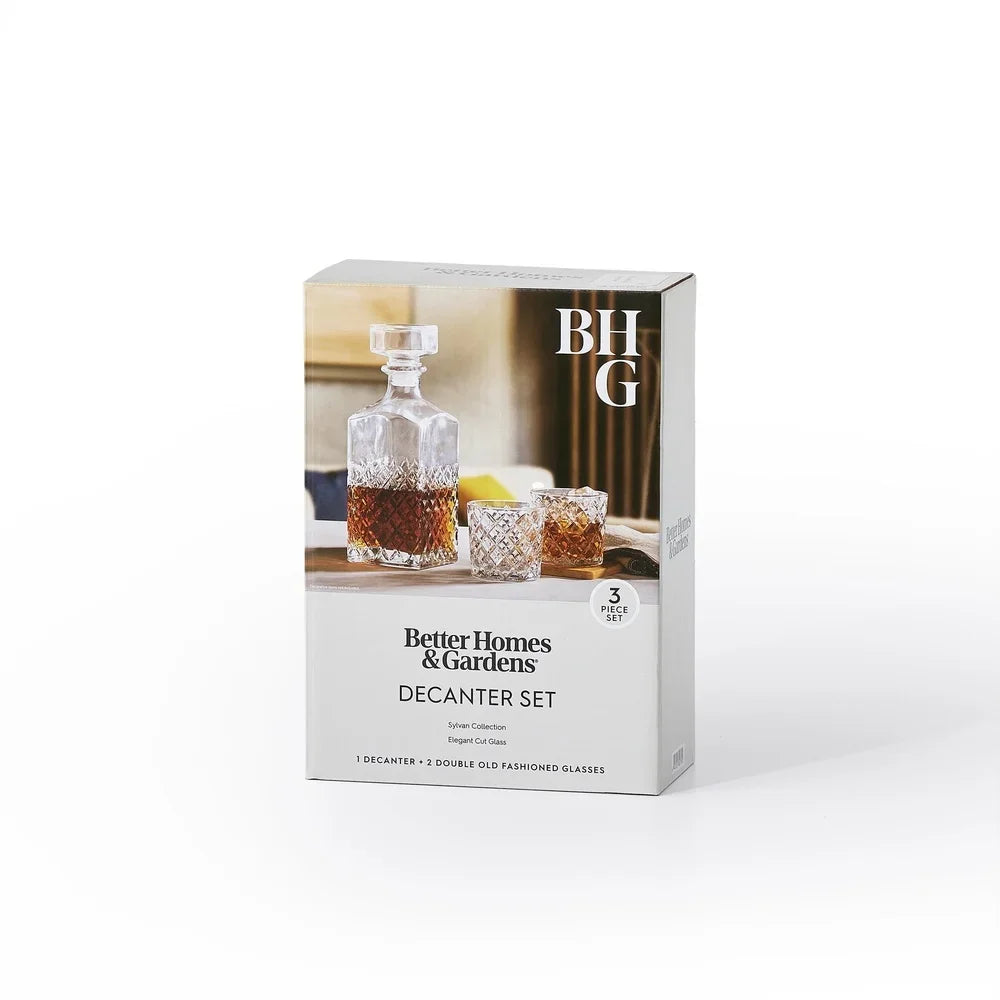 Diamond Cut Clear Glass Decanter and DOF Set Durable Dishwasher Safe | Bowlift
