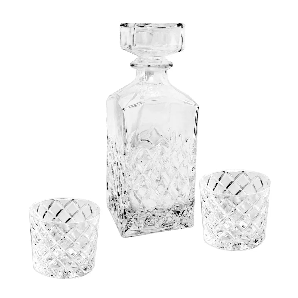 Diamond Cut Clear Glass Decanter and DOF Set Durable Dishwasher Safe | Bowlift