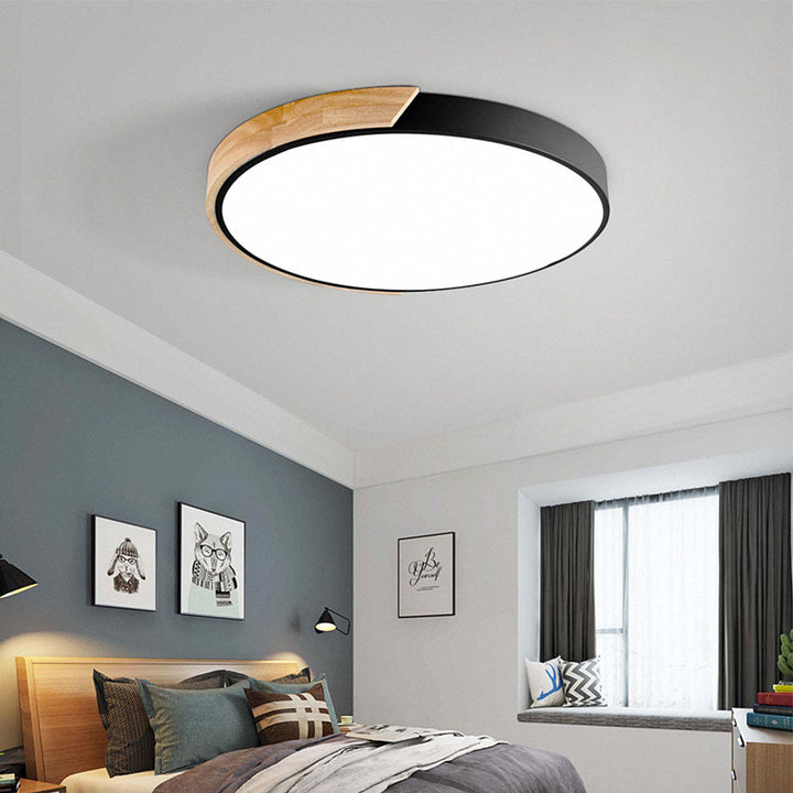 Minimalistic Round LED Ceiling Light with Wood Décor – Modern Design, Dimmable | Bowlift