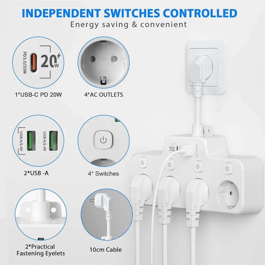 BowLift | Wall Mounted Power Strip with Independent Switch 2 USB A and 1 USB C