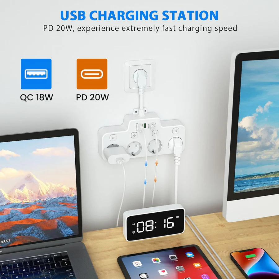 BowLift | Wall Mounted Power Strip with Independent Switch 2 USB A and 1 USB C