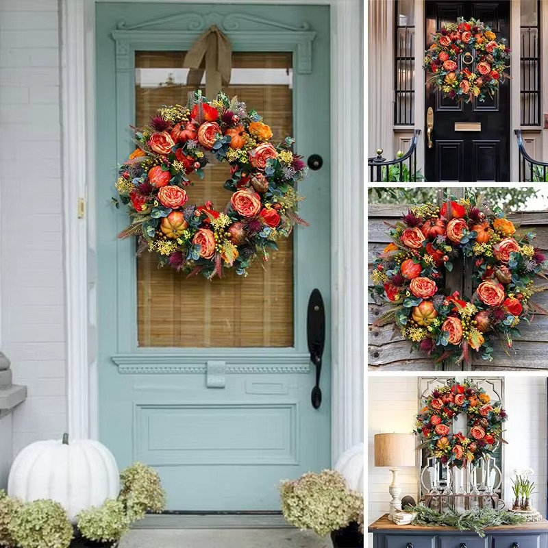 BowLift | Autumn Wreath 40 cm Peony Flowers and Pumpkins Door Decoration