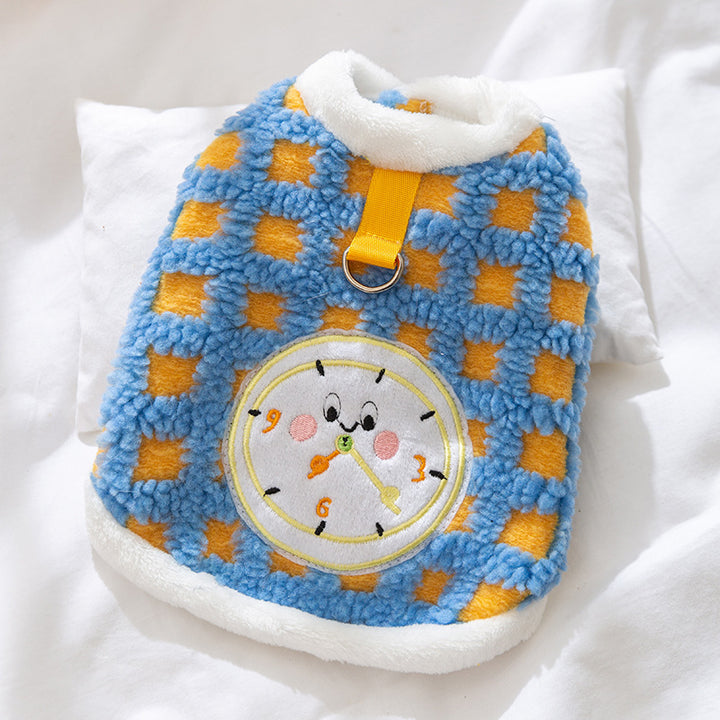 Cat fleece pullover with clock motif, multiple sizes