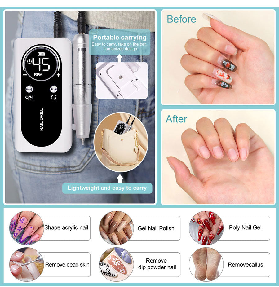 BowLift | Professional 45000RPM portable electric nail file with rechargeable battery | Low noise level for manicure