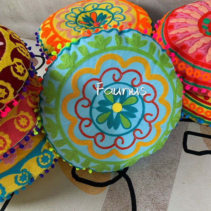 Round seat cushion, hand-embroidered, Boho style