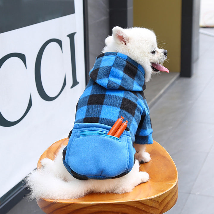 Dog sweatshirt, plaid pattern, zipper, pockets