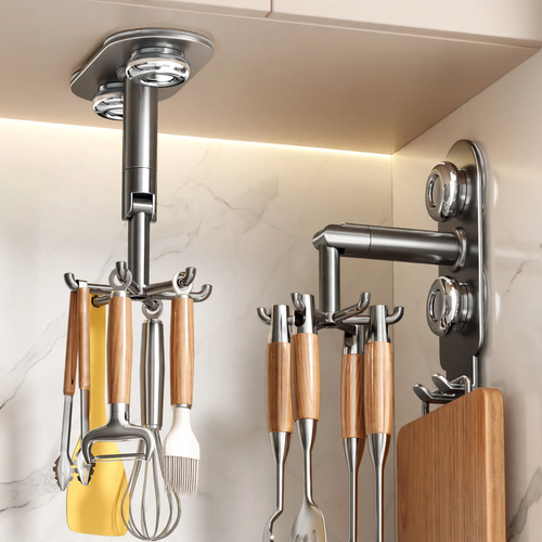 Rotating kitchen organizer, wall-mounted, 6 hooks, stainless steel
