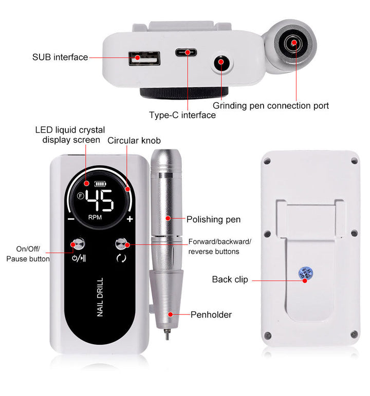 BowLift | ProNail 45000RPM Electric Nail File – Portable Rechargeable E-File for Manicure & Acrylic Nails | Low Noise