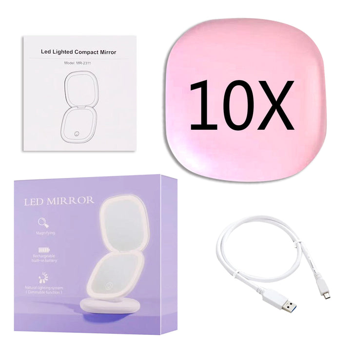 BowLift | Mini LED 10x Magnification Cosmetic Mirror with Various Light Settings, USB Rechargeable